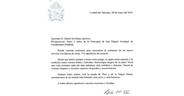 Archidiocesis de Madrid – El Papa León XIV envía una carta a los niños de la parroquia San Miguel Arcángel de Guadarrama: «Seamos todos juntos constructores de un mundo más humano, más justo, y más hermoso»