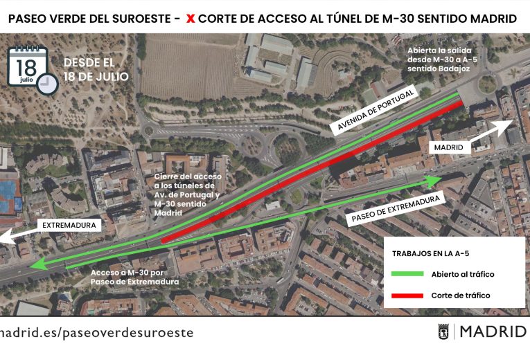 Obras de la A-5: se corta el acceso al túnel de la M-30 en sentido Madrid hasta finales de agosto
